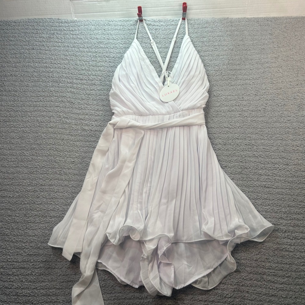 Luxxel Pleated Romper Surplice V-Neck White Small Bridal Party Elegant Romper